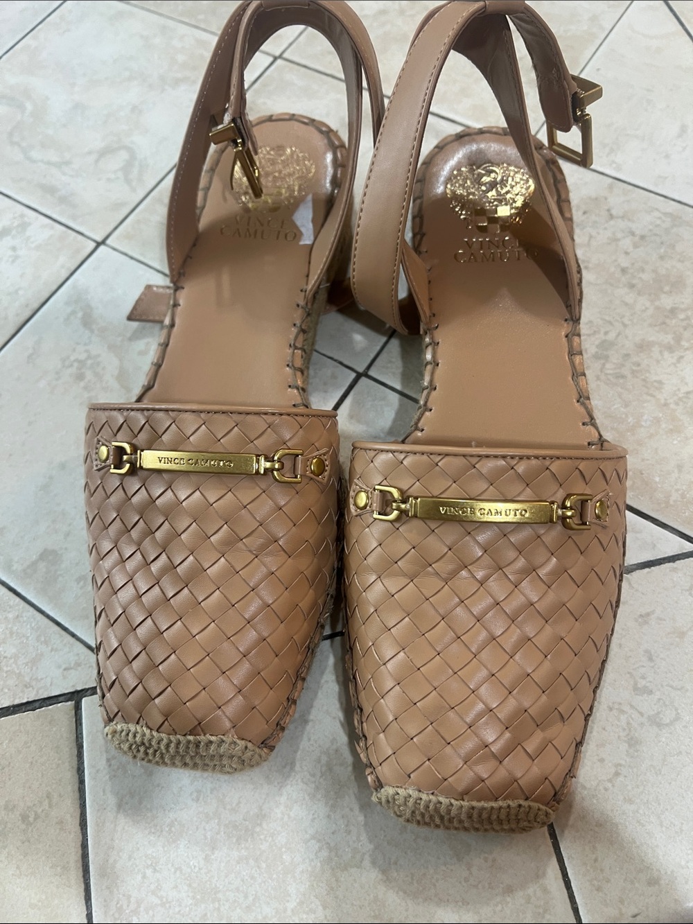 Vince Camuto Tan Woven Leather Slingback Mules with Gold Plaque